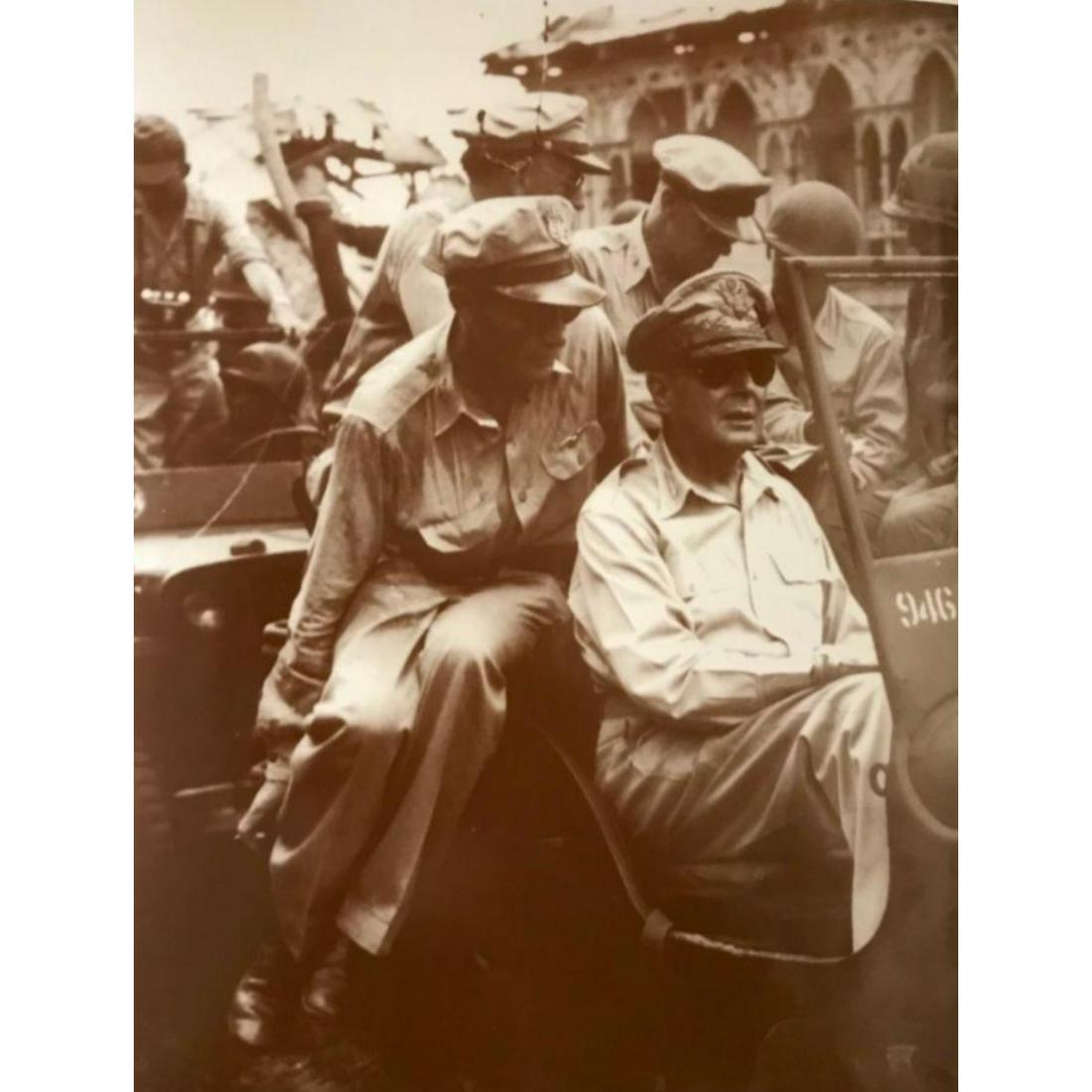 General Douglas MacArthur World War II Sepia Photo: General Douglas MacArthur & aide Col Lloyd Lehrbas, 1944 sepia-tone photo print. Created in the early 1990's for The American Heritage Galleries. Printed on cardstock with original packaging.