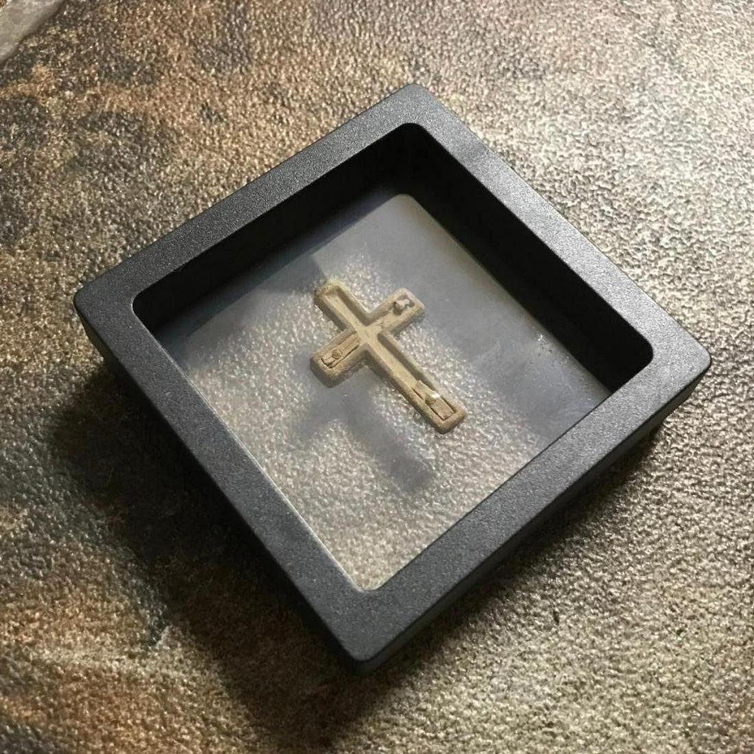 17th-19thc Ukrainian Copper Cross Pendant: 17th - 19th Century copper cross artifact. Found via metal detector in Kharkiv, Ukraine, displayed within 2 1/2" X 2 1/2" small museum display case.