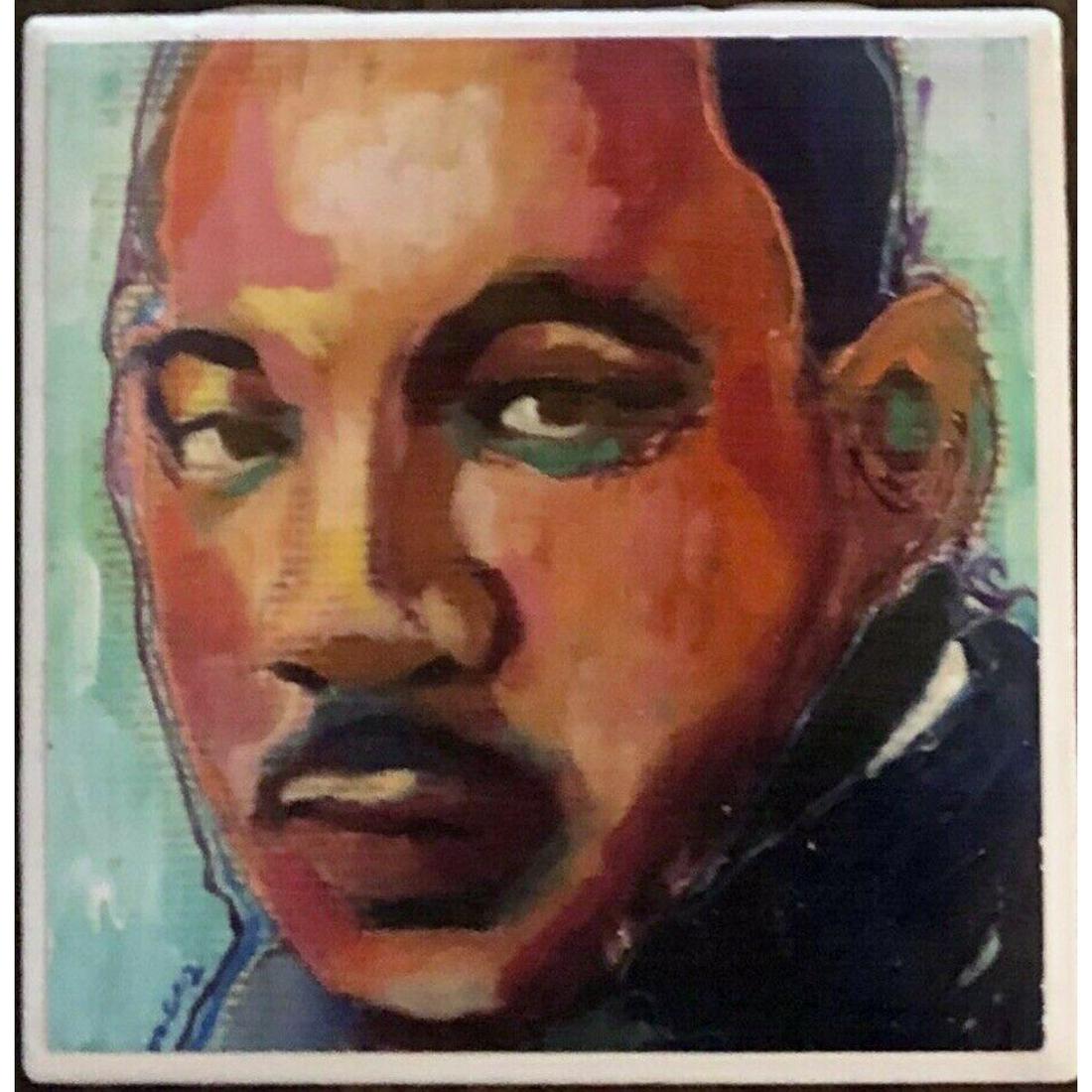 Martin Luther King Ceramic Art Tile: Martin Luther King artisan made pop art print sealed onto a ceramic art tile, coaster. Cork lining bottom. 4" X 4" square.