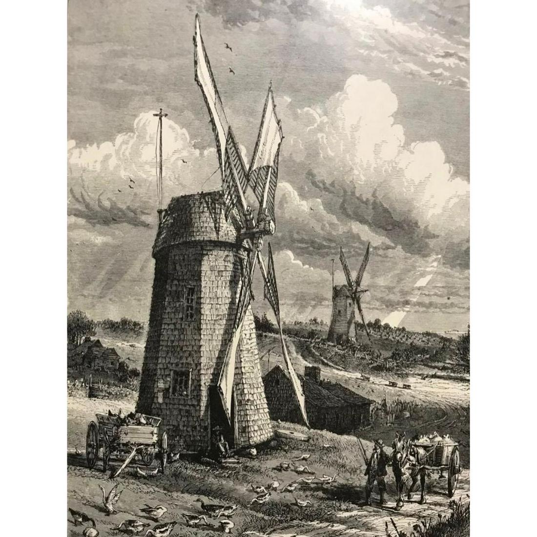 19thc Wood Engraving, Grist Windmills, East Hampton New (1 of 2)