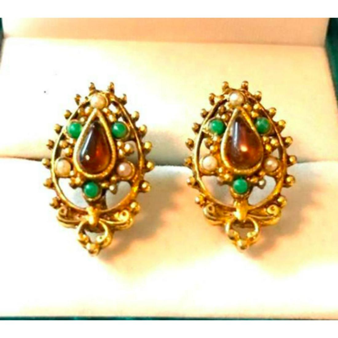 Edwardian Gilt Pearl Earrings: Antique Edwardian yellow gilt metal pinch-back type earrings with gemstone pastes & saltwater seed pearl accents. 20mm L X 13mm W.