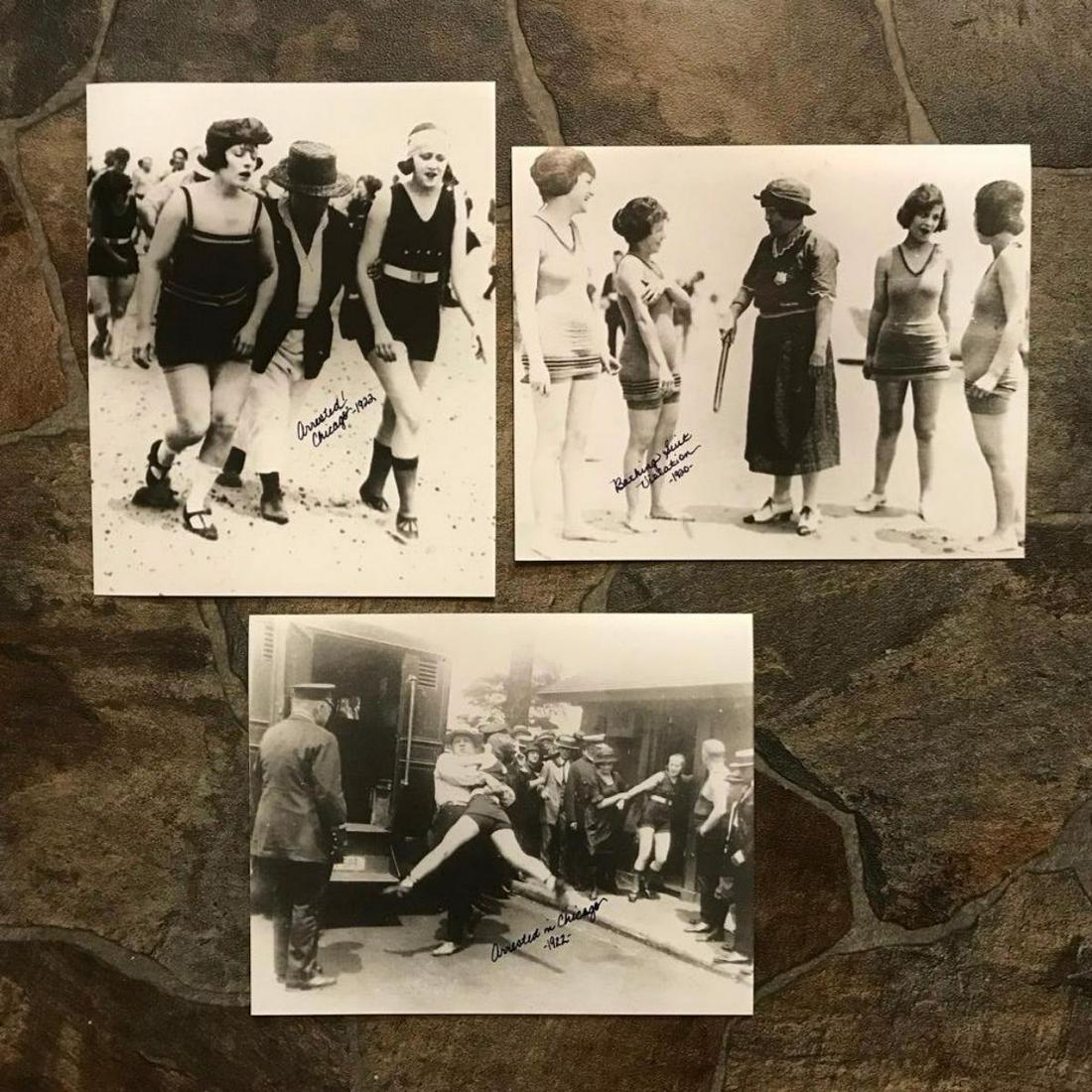 Early 1900's Bathing Suits, Violations Photo Prints: Group of 3 Bathing Suit Violations black & white photo prints, showing women being arrested in Chicago in 1920 & 1922. Created in the late 1980's, printed on photo paper. 8" X 10" each, with handwriti