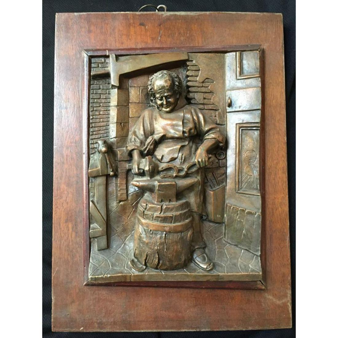 19thc Signed Bronze Plaque, Blacksmith: 19th century bronze mounted onto a wood plaque, depicting a blacksmith holding the tools of his trade . Signed "B. Forni". Measures approx 13 1/4" X 10" X 3".