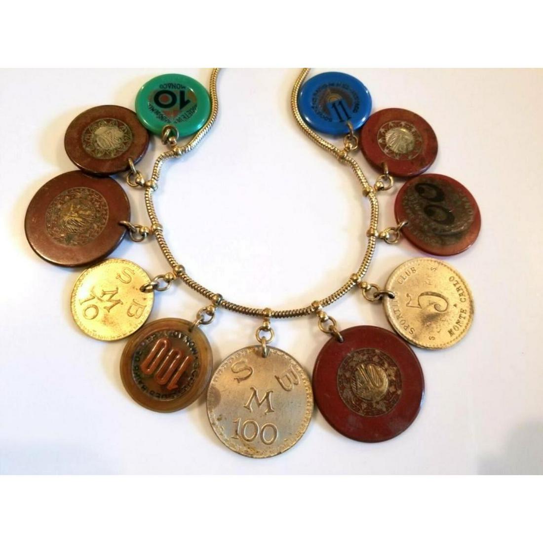 Rare Antique Monte Carlo Monaco Casino Poker Chips: Rare Antique choker length charm style necklace, with Monte Carlo Monaco Societe Des Bains De Mer poker chips attached. 15 1/4"L.