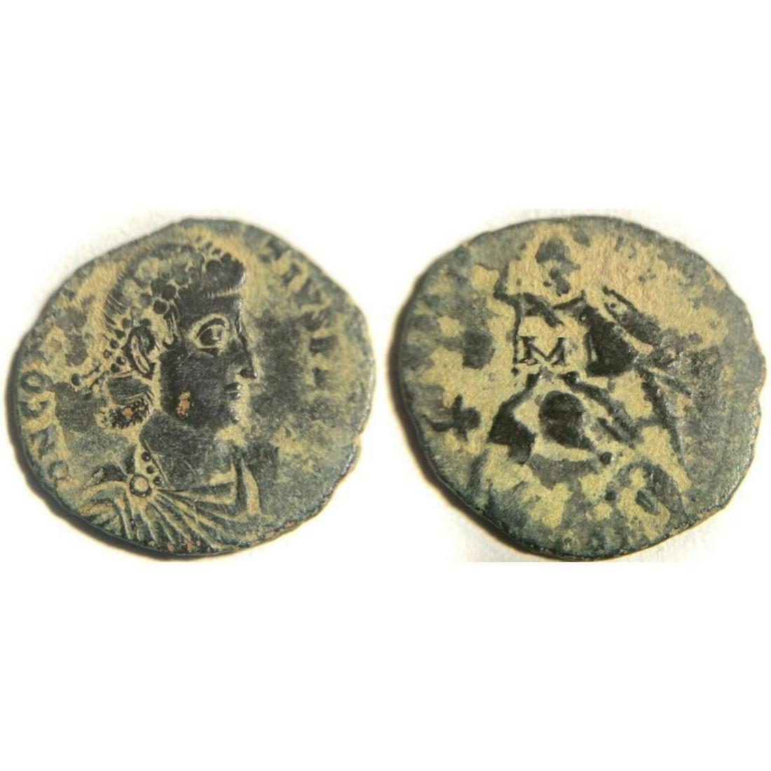 Ancient Roman Bronze Coin, Constantius II: Constantius II AE3 bronze coin with sharp detail on portrait accented by natural sand patina. Obverse: DN CONSTANTIVS PF AVG. Diadem bust right. Reverse: FEL TEMP REPARATIO. Soldier spearing fallen ho