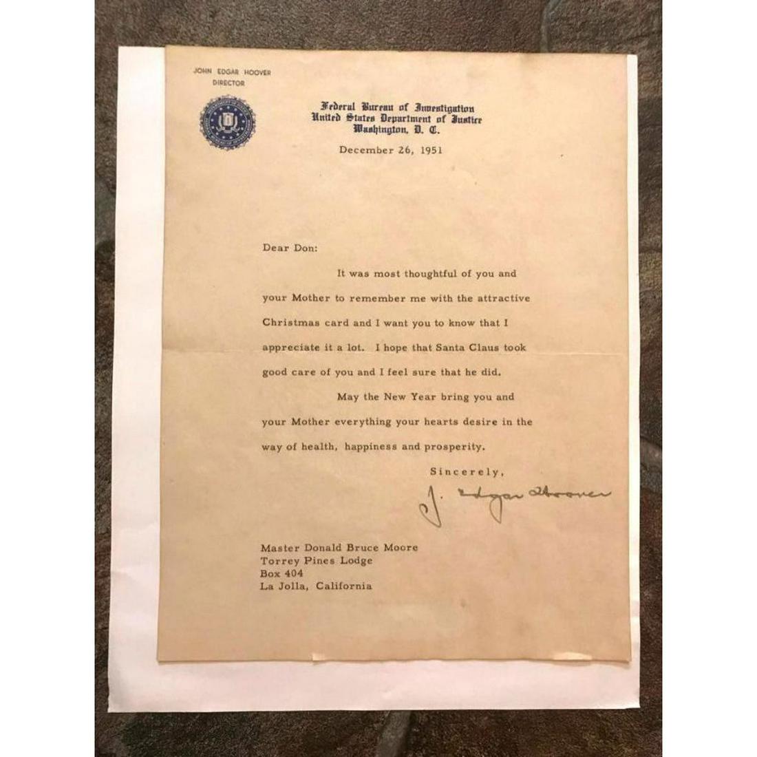 J. Edgar Hoover Autograph, FBI Stationary: Post Christmas letter from J. Edgar Hoover, typed on FBI stationary & signed in pen, lower right. Dated December 26, 1951, letter to a child thanking him for a Christmas card that was sent. 7" X 9" st