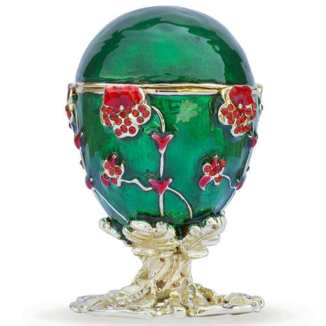 Faberge-style Royal Russian Pansy, Trinket Jewel Box: In the style of Carl Faberge, after his original 1899 Royal Russian Pansy Egg, adorned with clear crystals & enamel & gilt over pewter. The top is removable with magnetic closure. Comes with gift box.