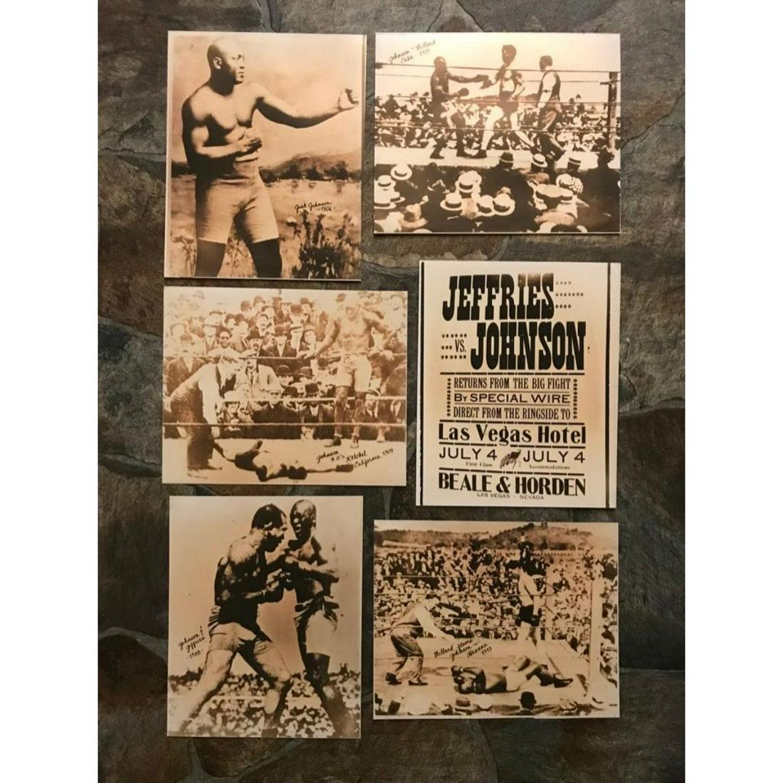 African American History, Jack Johnson Boxing Photo: Group of 6 African American History sepia-tone photo prints of early 1900's boxing champion Jack Johnson. Created in the late 1980's, printed on a thin photo paper. 8" X 10" each. Suitable for framing