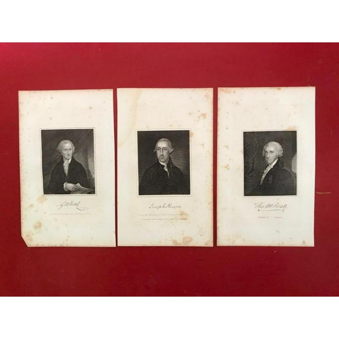 Group of 19thc Steel Engravings, Signers Declaration of: Group of 3 steel engravings from 1846, signers of The Declaration of Independence. Thomas Mc Kean, Joseph Hewes & George Bead. 5 1/2" X 9" each. Engravings by J.B. Longacre. **moderate foxing & toning