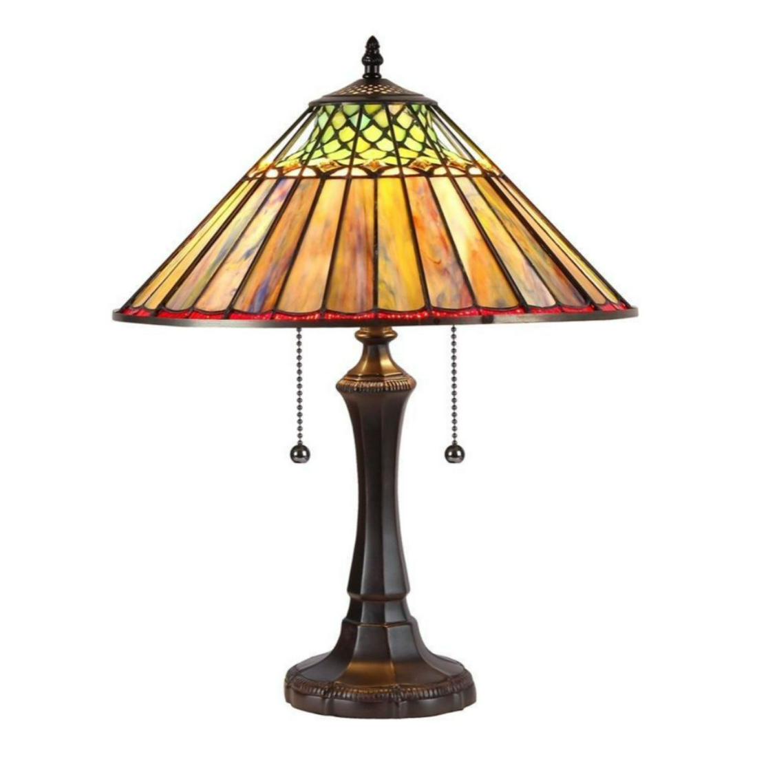 Mission Style Stained Art Glass Table Lamp: Mission-style 2-light stained art glass table lamp, created with over 175 pieces of stained art glass & glass beads, wrapped in copper foil with a dark antique bronze finish. 21 1/2" H. 16" W shade.