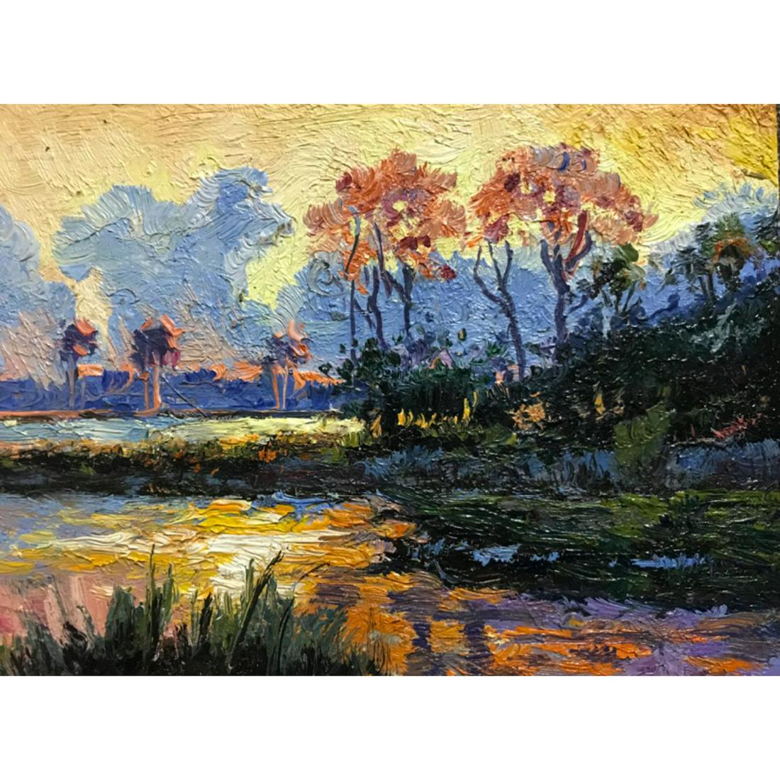 Lowcountry Sunset Oil Painting: Lowcountry Marsh Sunset, small oil on panel Impressionist style painting. 4 1/8" X 6 1/8".