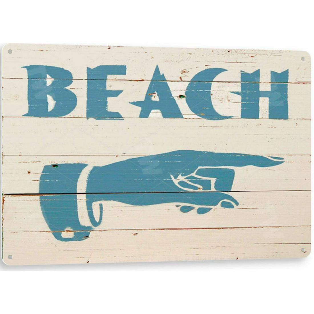 Beach Decorative Metal Sign: Beach, hand pointing to right, decorative metal sign. Pre-drilled holes for mounting. 8" X 11".