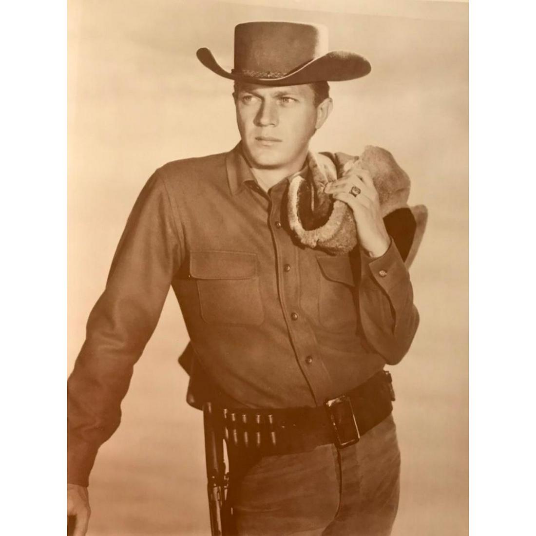 Steve McQueen Cowboy Poster Photo Print: Steve McQueen, Wanted Dead Or Alive, Western cowboy poster-sized sepia tone photo print. 16" X 20" printed on heavy poster stock, in the early 1990's for The American Heritage Galleries. Comes in orig
