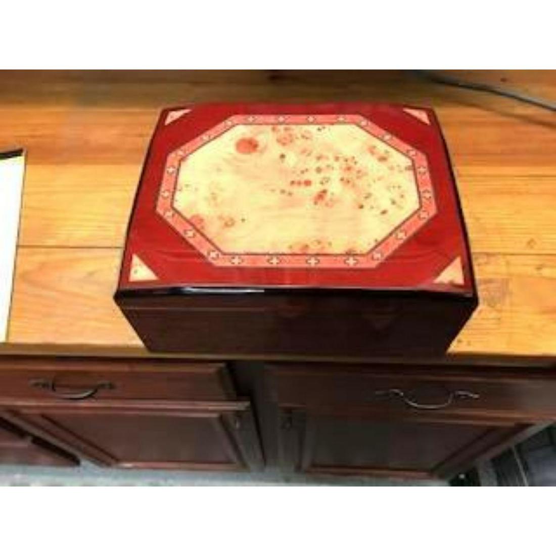 Large Hand-made Humidor Treasure Chest: Large humidor-treasure chest in Daniel Marshall style. Handmade by Cuban Crafters.12x10x5 size ( large ). Heavily lacquered & inlaid wood. A beautifully made humidor.