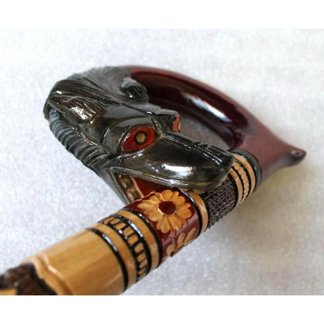 Hand-carved Ukrainian Wolf Head Cane: Gorgeous hand-made walking stick, cane carved from Linden Tree wood by a family of Ukrainian master carvers of the Karpathy region, artists Olga & Vasyl Tymoshenko. "Wolf's Bite". Wonderful bright col