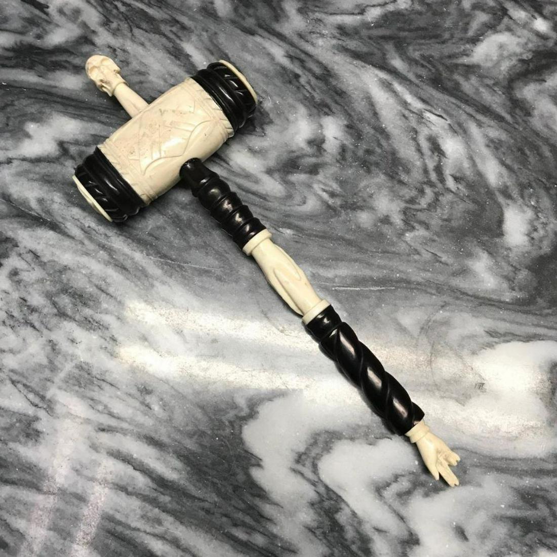 Hand-carved Bone, Wood Masonic Gavel: Hand-carved antler bone & ebonized wood orate Freemasons, Masonic decorative gavel, judge's gavel. Masonic symbolism carved on each end of the gavel, as well as both side. A skull adorns the top & a s