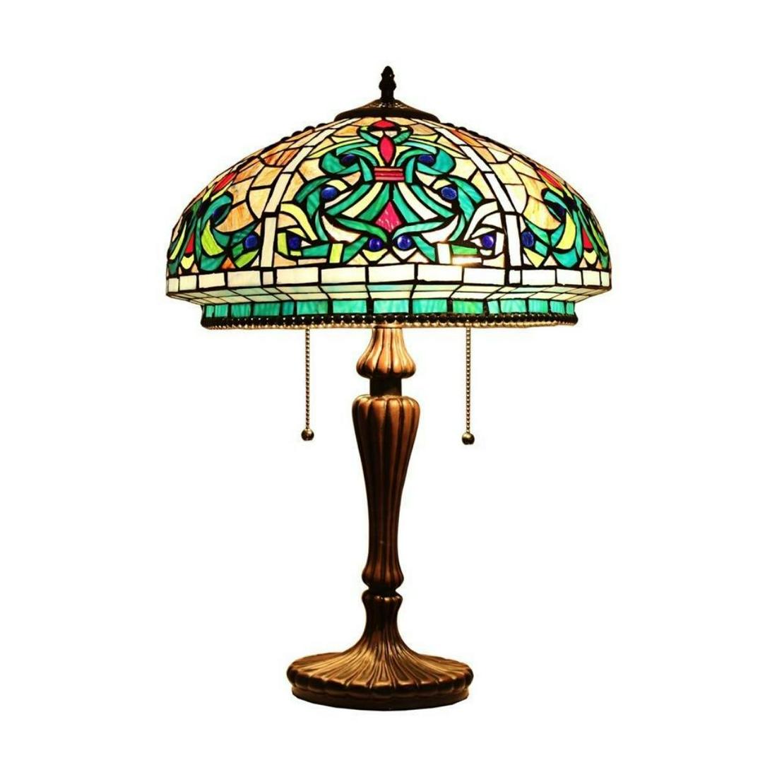 Victorian Style 2-Light Stained Art Glass Lamp: Gorgeous Victorian-style, 2-light, stained art glass lamp, created using over 600 pieces of stained art glass & 66 glass beads, wrapped in copper foil with dark antique bronze finish. 24" H X 16 1/2" 
