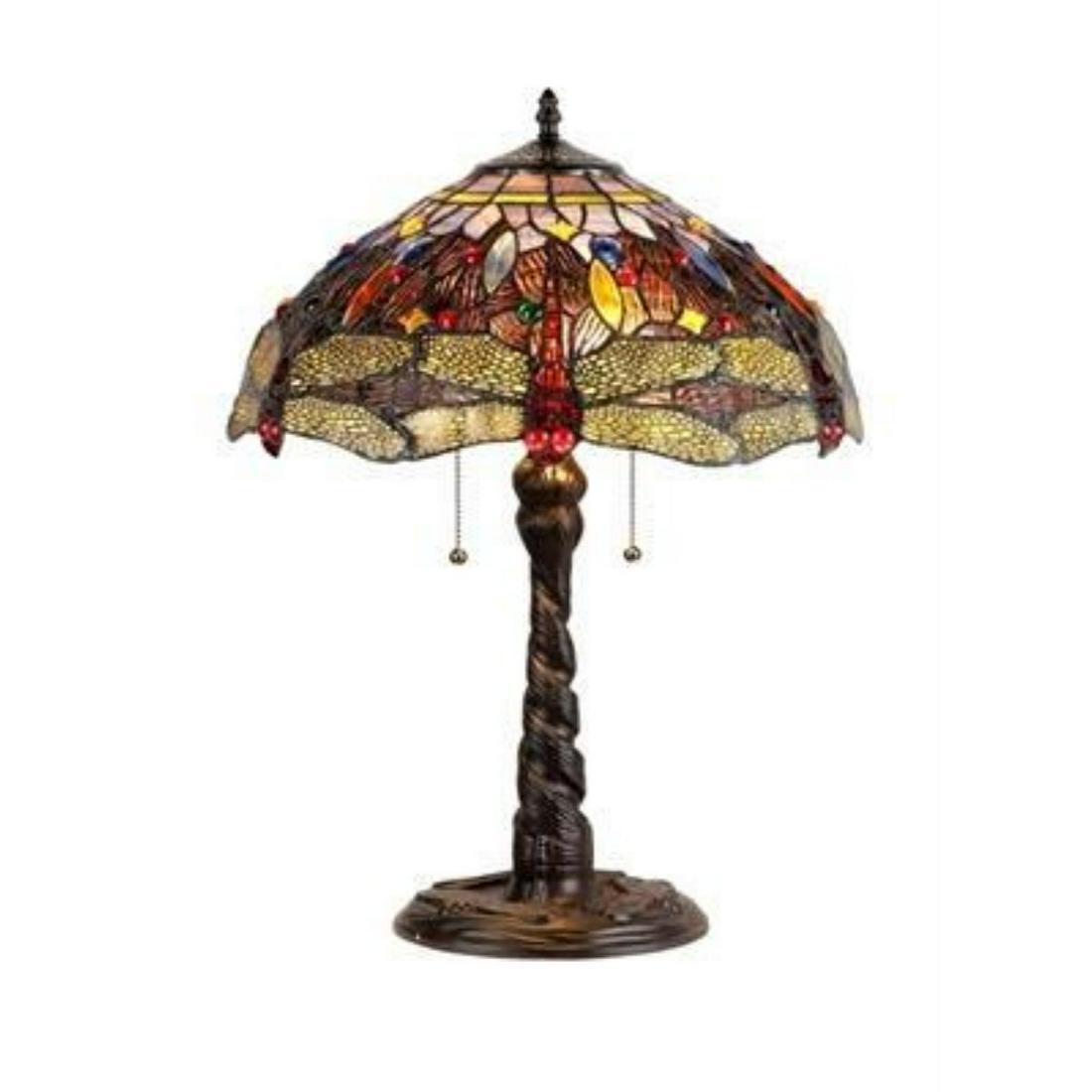 Tiffany Style 2-Light Dragonfly Stained Art Glass Lamp: Tiffany-style dragonfly 2-light stained glass lamp, created using 330 pieces of stained art glass and 48 glass beads, wrapped in copper foil with a dark antique bronze finish. The twisted style base d