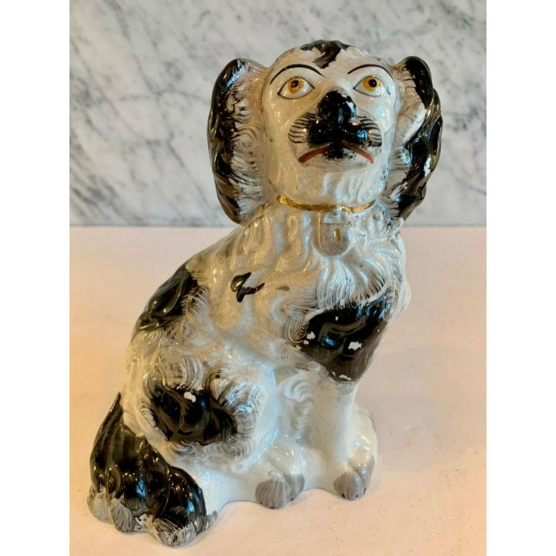 19thc Staffordshire Porcelain Black White Comforter: Antique, Victorian Staffordshire porcelain black and white King Charles Spaniel Comforter Dog, presented in the hard to find size 5. Mid to late 19th Century. Wonderful detail and paint, age appropria