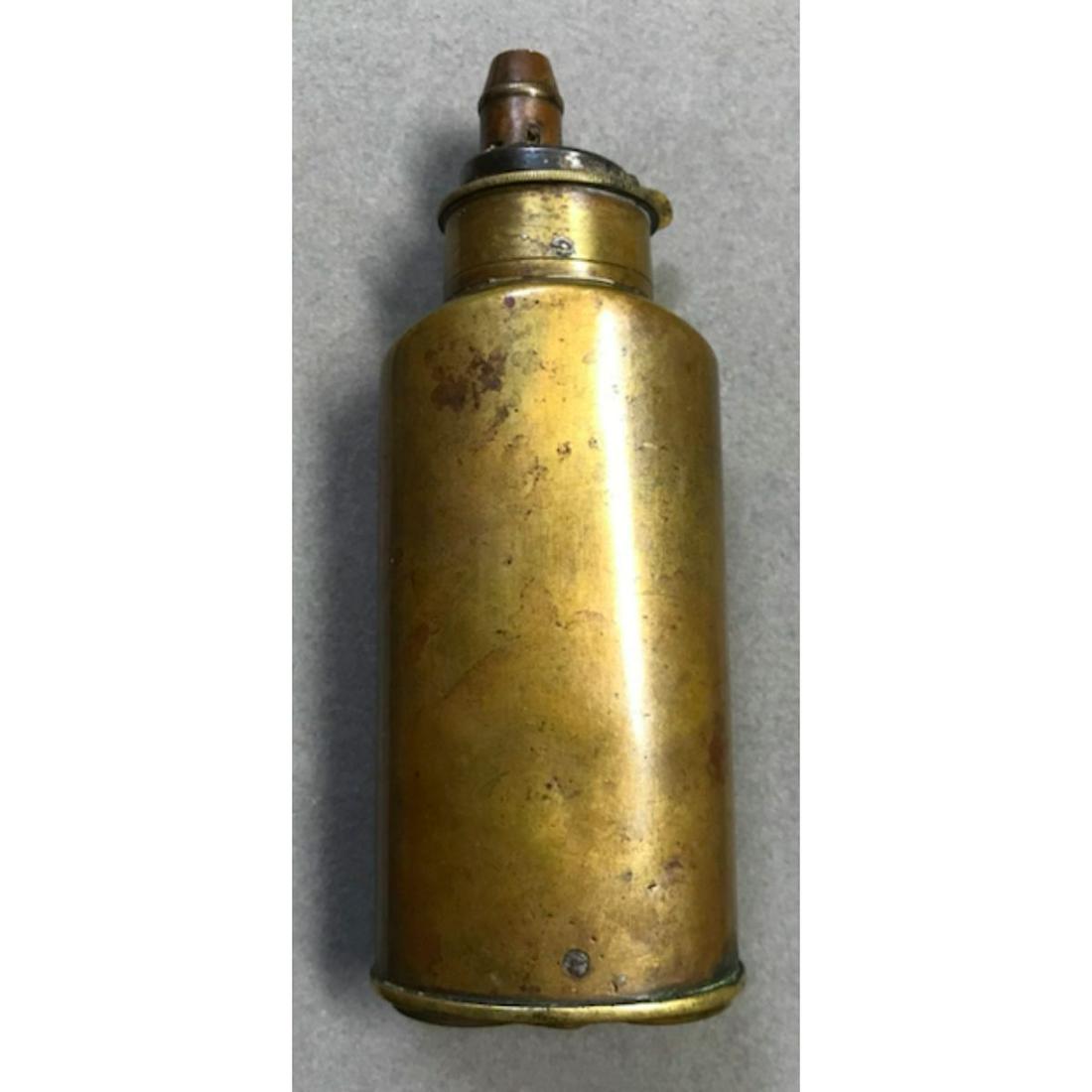 19thc Dixon & Sons Double Compartment Powder Flask: Original 19th Century ( 1850's - 1860's ) Civil War era Dixon & Sons brass double compartment pocket size powder flask with ornate quatrefoil design hinged lids over double compartments, for holding l