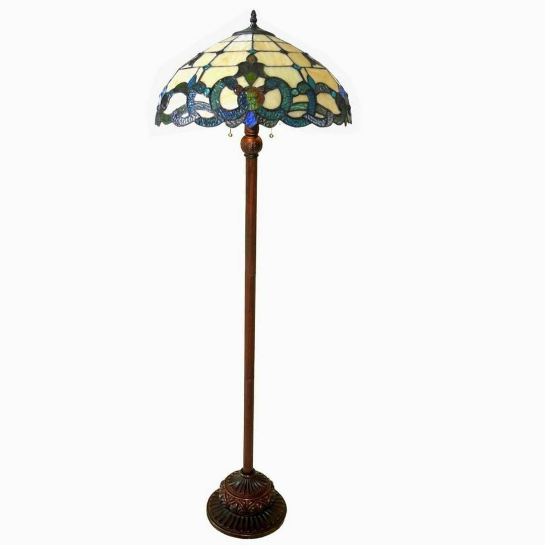 Victorian Tiffany-style Stained Glass Floor Lamp: Tiffany-style Victorian design 2-light floor lamp with an antique bronze finish, handcrafted from 341 individually hand-cut pieces copper-foiled stained glass & 36 glass beads. 63" H. 18" W shade.