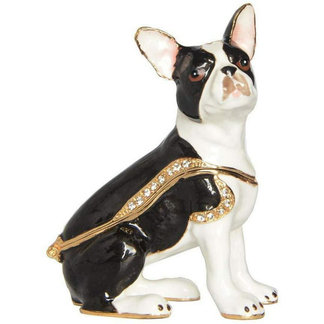 Boston Terrier Dog Trinket, Jewel Box: Boston Terrier dog, pet theme trinket, jewel box. Opens at center on a hinge, with magnetic closure, to reveal an enameled hiding place for jewels or trinkets. Hand-painted enamel with gold gilt over 