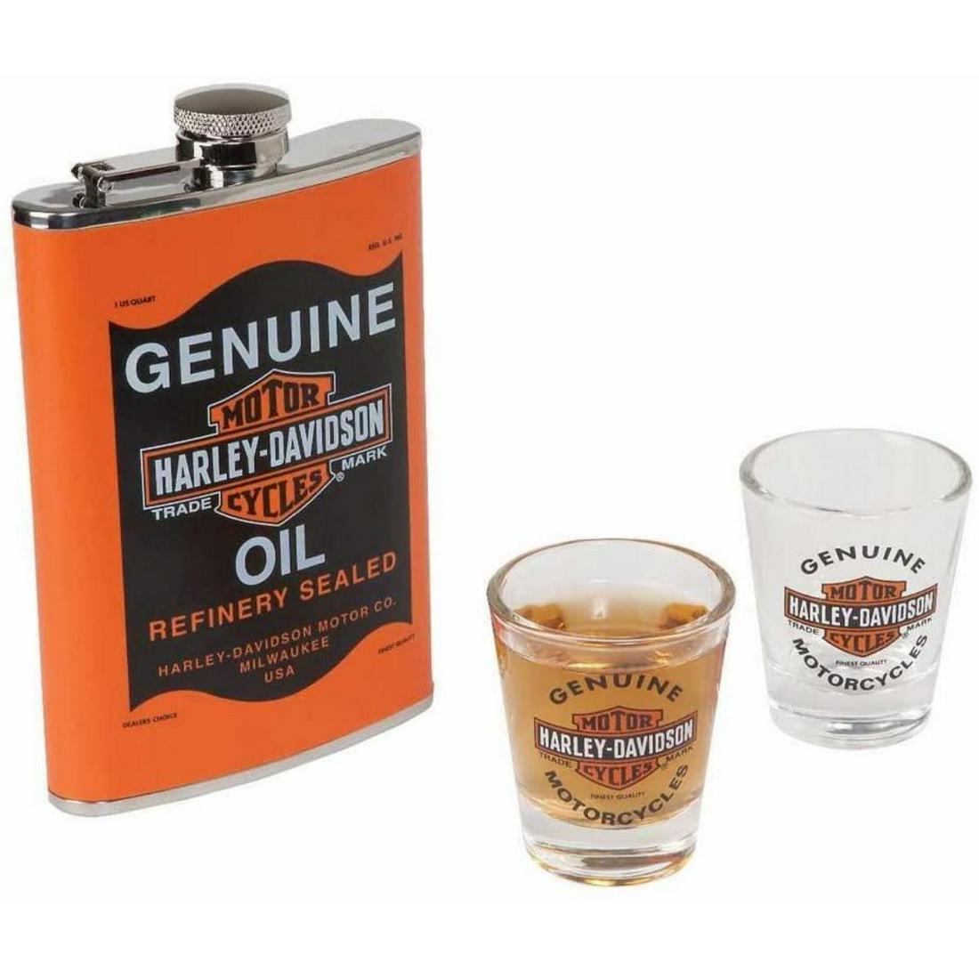 Harley Davidson Flask & Shot Glasses Set: Harley Davidson set, includes 8oz stainless steel oil can style hip flask, liquor decanter, with 2 logo 1oz shot glasses set. Flask size - 3.75" W x 5.875" H x 1" D.