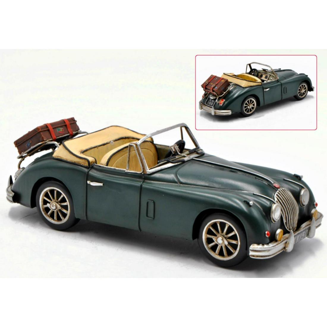 Vintage-style 1959 Jaguar Scale Model Car: Vintage-style handcrafted collectible 1:12 scale model car, 1959 green Jaguar. Plastic die-cast metal. 5" H X 12" W. 2lbs.