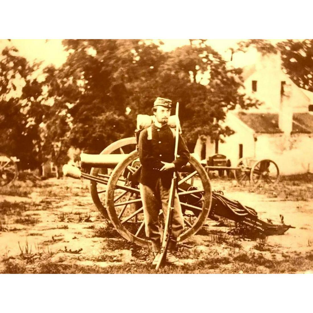 Civil War Union Private, Harper's Ferry Photo Print: Civil War theme photo print of a Union Private guarding a 12-pounder Napoleon smooth-bore cannon at Harper's Ferry, Virginia, 1860's. Created in the early 1990's for The American Heritage Galleries, p