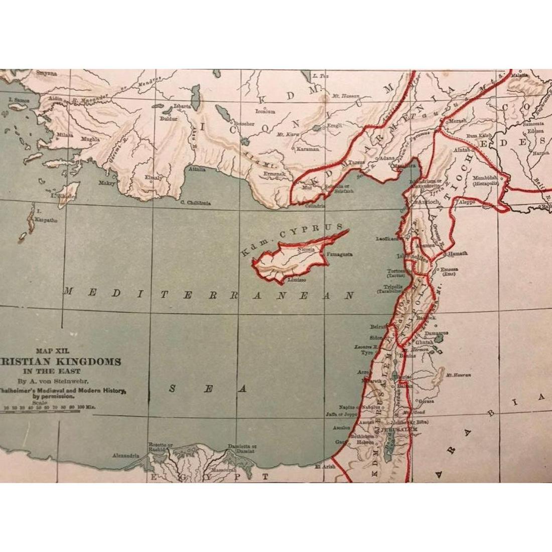 Vintage Map, Christian Kingdoms In The East: Map XII. Christian Kingdoms In The East by A. von Steinwehr, from Thalheimer's Medieval and Modern History. Shows armenia, Antioch, Edessa, Tripoli, Jerusalem, Cypress. 7 1/2" X 10 1/8".