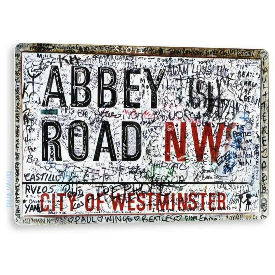 Abbey Road, Beatles Pub Bar Sign: Abbey Road NW Westminster metal Street Art pub bar sign. 8" X 11". Pre-drilled holes for mounting.