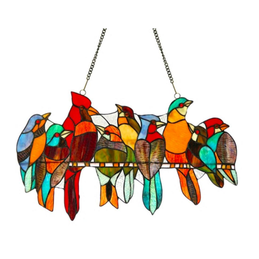 Stained Art Glass Festival of Birds Hanging Panel: Stained art glass festival of sitting birds, hanging art glass panel, created using over 150 pieces of stained art glass, wrapped in copper foil with a textured black finish. 22" W X 13" H. Comes with