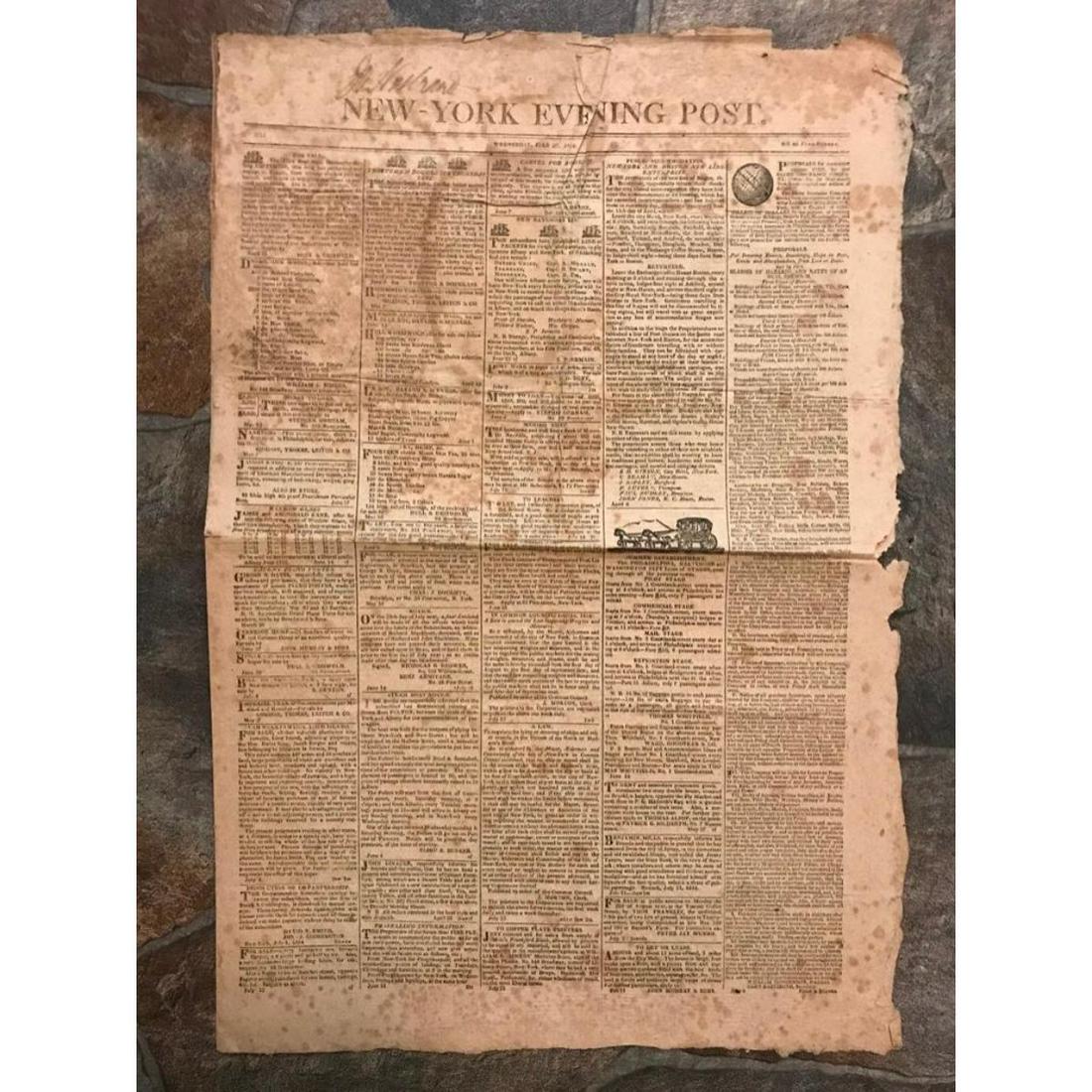 Rare 200 Yr Old Newspaper, New York Evening Post, War of 1812 (1 of 5)