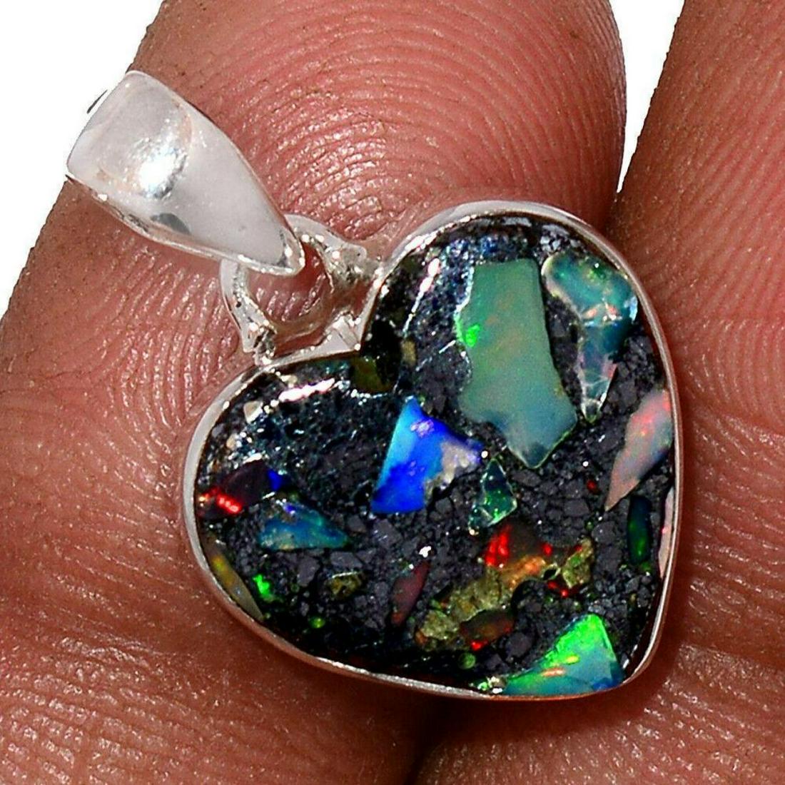 Ethiopian Opal Pyrite Sterling Heart Pendant (1 of 1)
