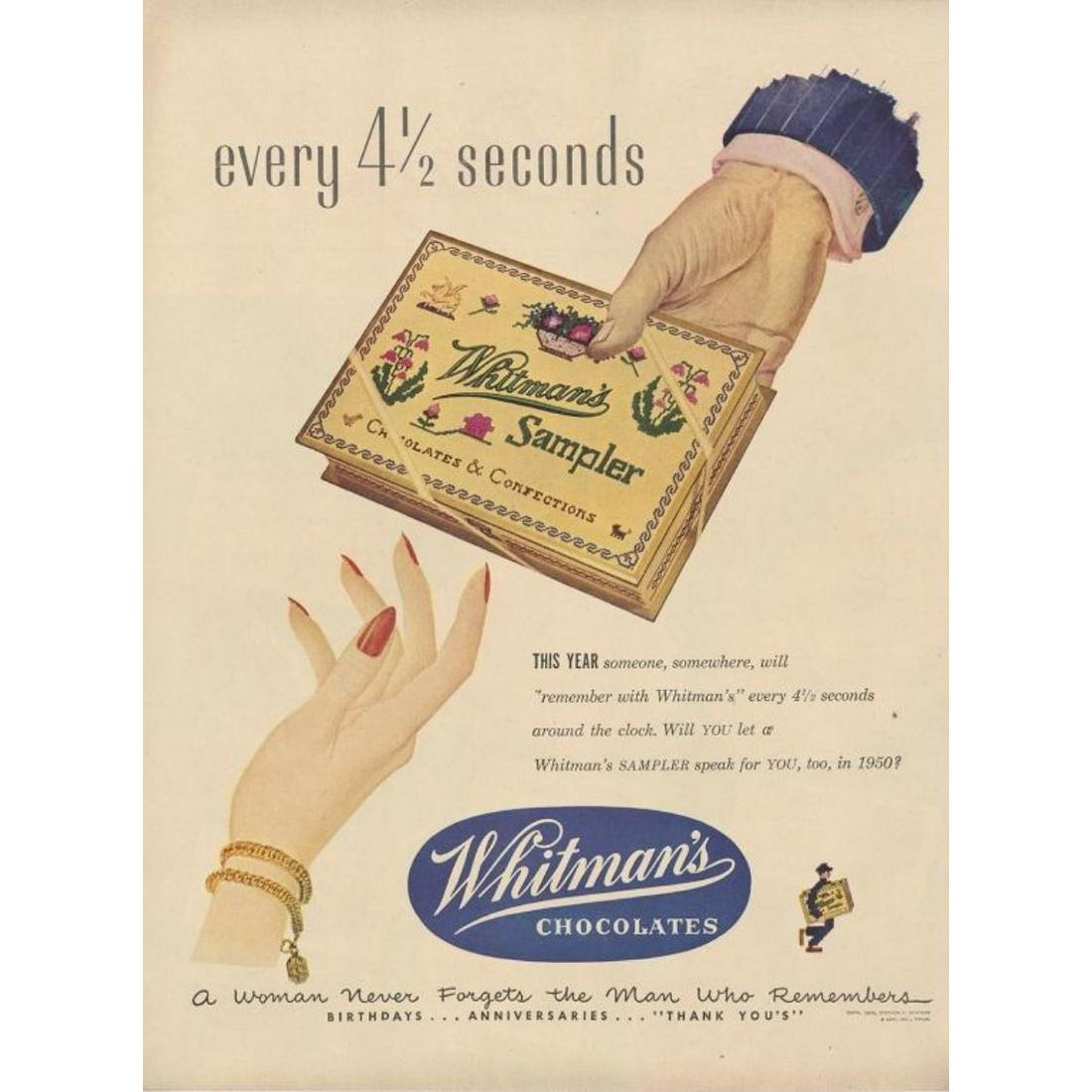 1950 Whitman's Sampler Chocolates Ad: Original 1950 magazine advertisement for Whitman's Chocolates, their famous "Sampler" box of chocolates & confections. Slogan reads, "every 4 1/2 seconds... A Woman Never Forgets the Man Who Remembers