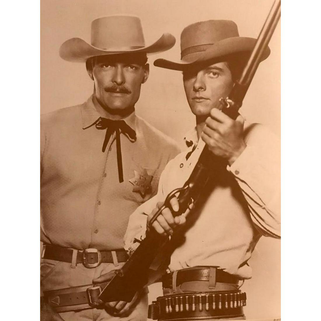 Lawman 1950's Western TV Show Photo Print: "Lawman", 1958 television series starring Peter Brown & John Russell. Sepia-tone photo print, on heavy cardstock, created in the early 1990's for The American Heritage Galleries. 11" X 14" in original