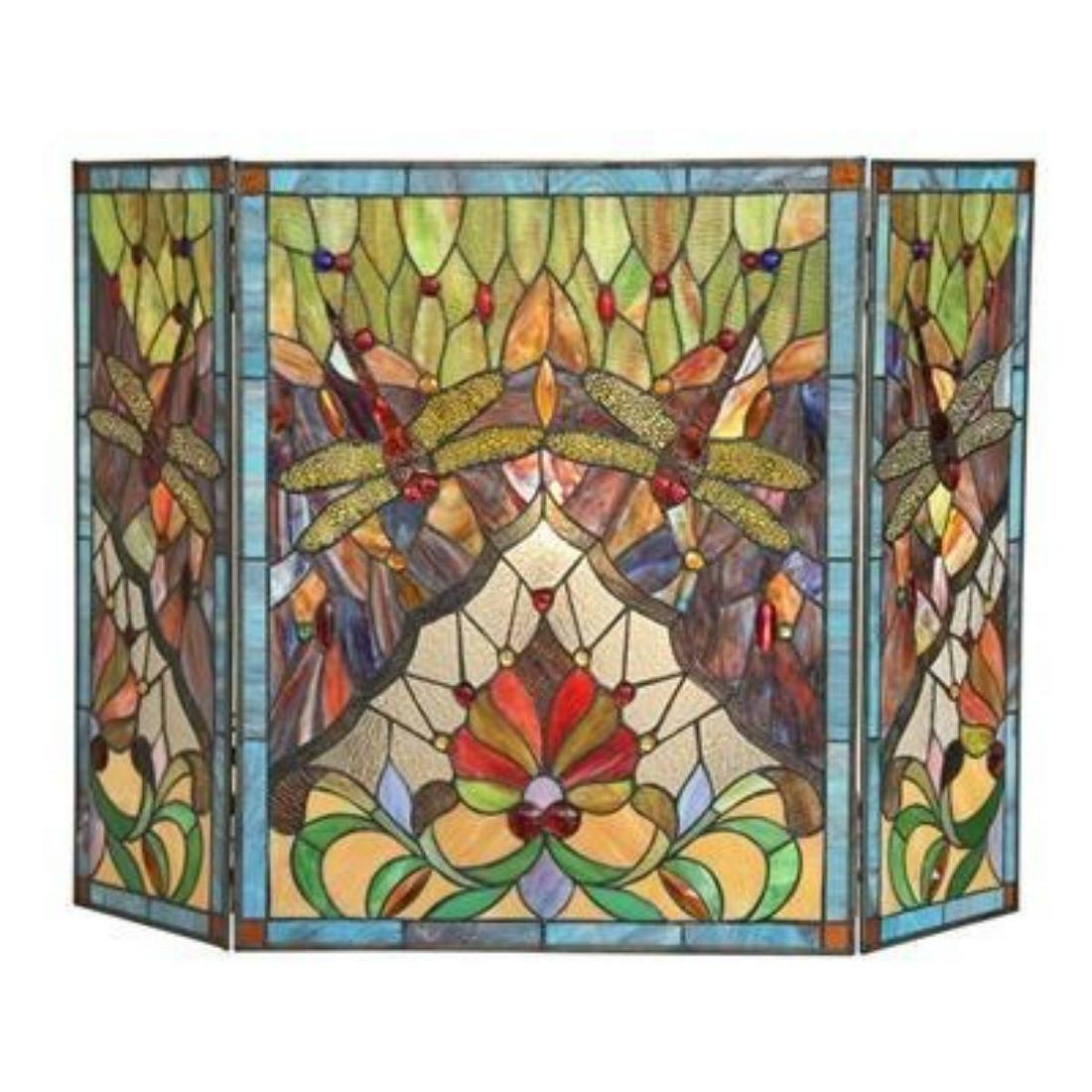 Tiffany-style Dragonfly Stained Art Glass Fireplace Screen: Tiffany-style stained art glass fireplace screen with dragonfly design. Created using 533 pieces of stained art glass wrapped in copper foil, with a textured black finish. 27 1/2" H X 44" W. 27 1/2" X