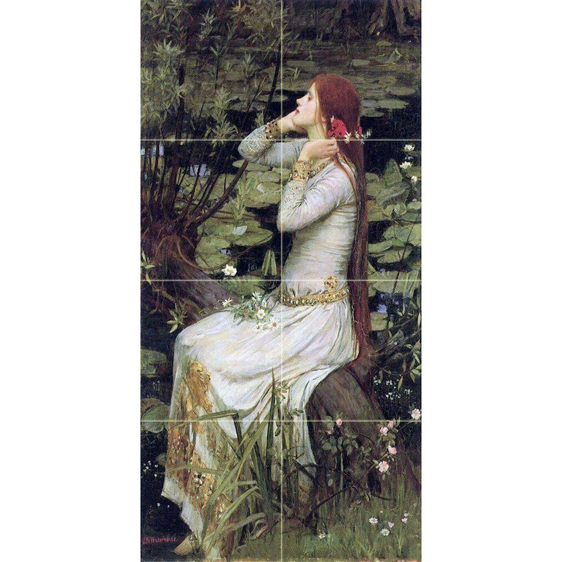 After Waterhouse, Ophelia Ceramic Art Tile: After John William Waterhouse, Ophelia, glossy ceramic art tile mural, consisting of 8 tiles ( 4 1/4" each ). Overall size 8 1/2" W X 17" H.