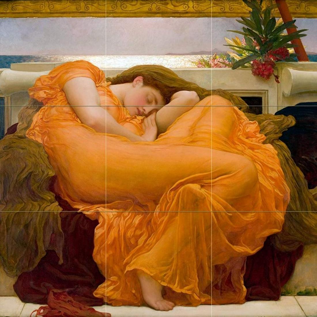 After Leighton, Flaming June Flower Ceramic Art Tile Mural: After Sir Frederic Leighton's 1895 painting, Flaming June, glossy ceramic art tile mural, consisting of 9 tiles ( 4" each ). Overall size 12" X 12".