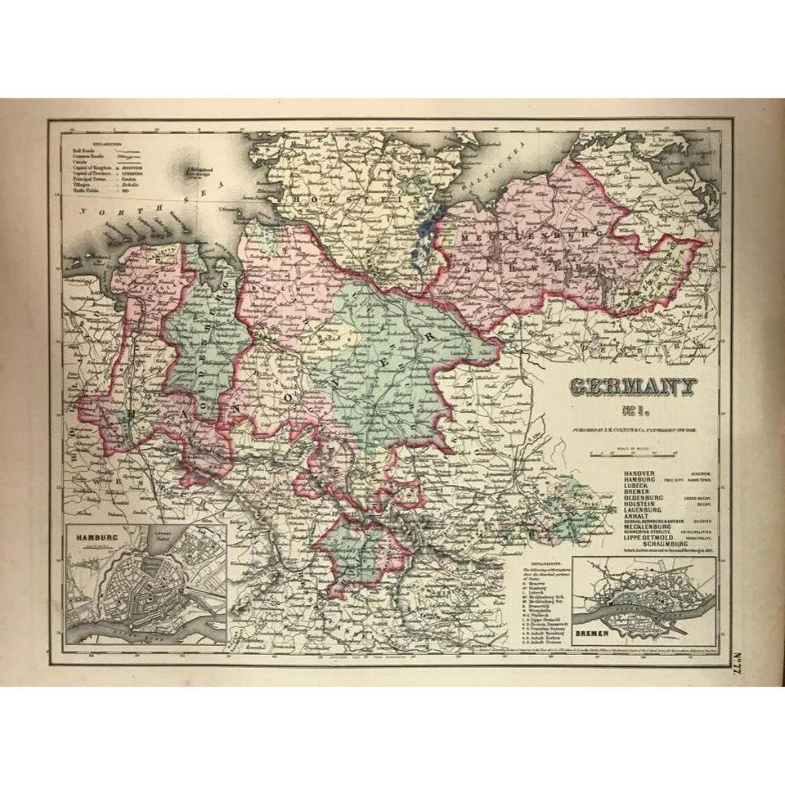 19thc Colton Hand-colored Map of Germany: 19th Century hand-colored atlas map of Germany, No. 1 Published by J. H. Colton & Co., with inset maps of Bremen & Hamburg. 13 1/2" X 16 1/2".