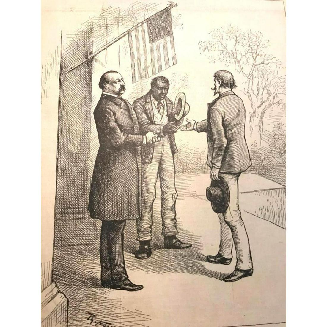 Rare 1884 African American History, Thomas Nast: Rare 19thc political illustration by Thomas Nast, the cover of the November 22, 1884 edition of Harper's Weekly, New York, illustrated magazine. Depicts race relations in politics during the last half