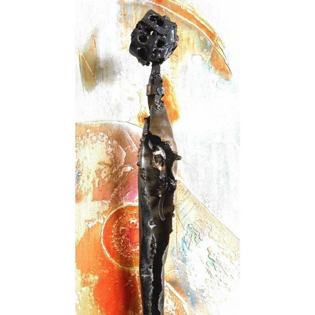 Brutalist Mid Century Style Max Kreg Sculpture: Modern made, Mid Century Brutalist-style metal sculpture, abstract figure rendering. Handcrafted by metal artist Max Kreg. Torch cut with Brutalist welds. Various gauge steel in rustic metal, pegged i