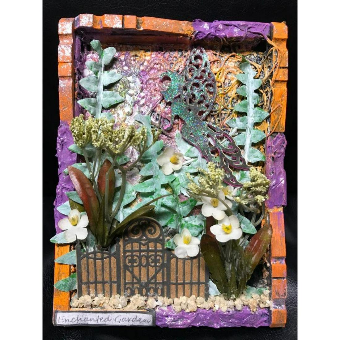 Original Mixed Media Artwork, Enchanted Garden: Original abstract artwork, modern mixed media on canvas, "Enchanted Garden". Fairy in a flower garden 3D collage by California artist Gloria Jean. 6" X 8".