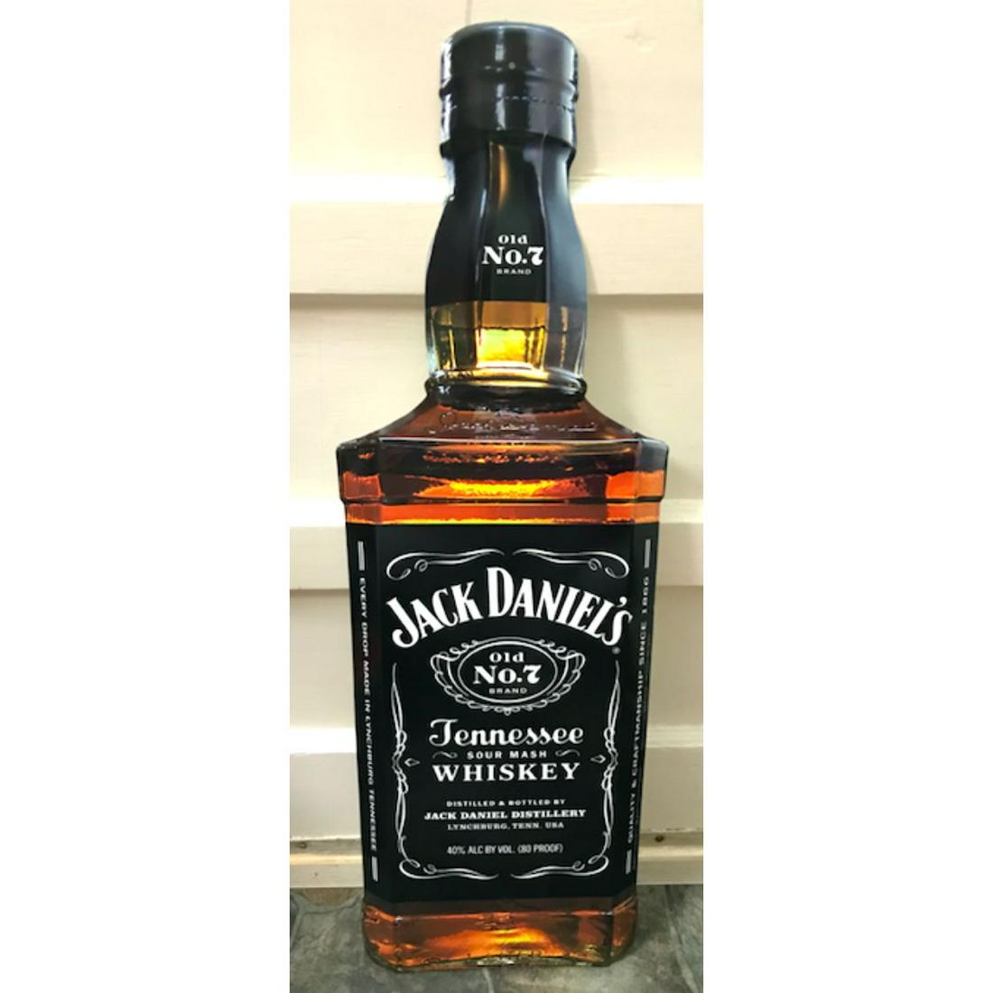 Large Size Jack Daniels Whiskey Bottle Metal Pub Bar Sign: Large size Jack Daniels Whiskey bottle die-cut metal pub bar sign. 30 1/2" H X 9 1/2" W. Pre-drilled holes in top & bottom for mounting.