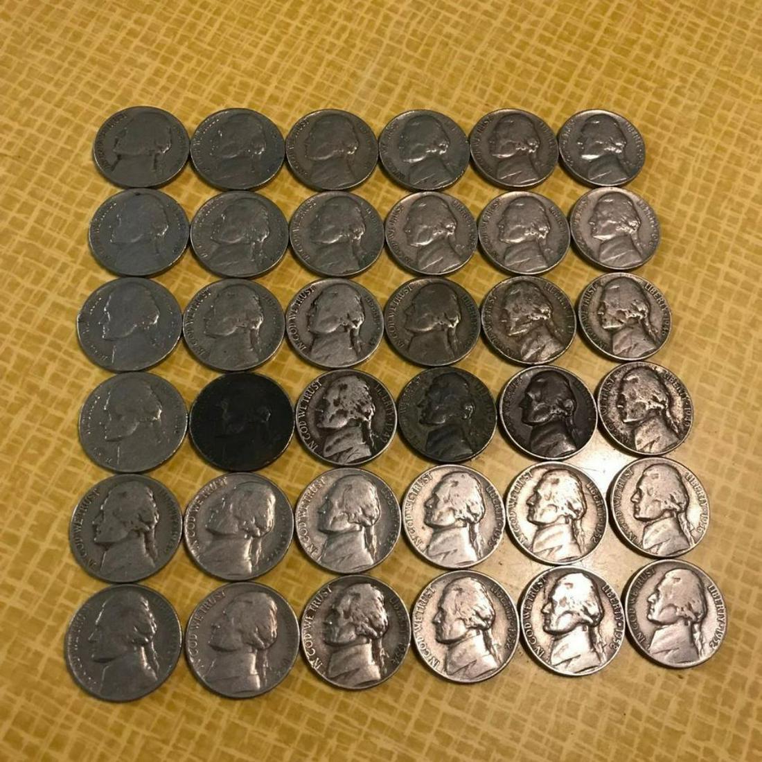 Change Drawer of 1940's, 1950's Jefferson Nickels: Change drawer of 36 Jefferson nickels. 1 dated 1939, 17 with 1940's dates & 18 with 1950's dates. Unchecked, in various conditions as shown. Recent find from an old cash register change drawer.