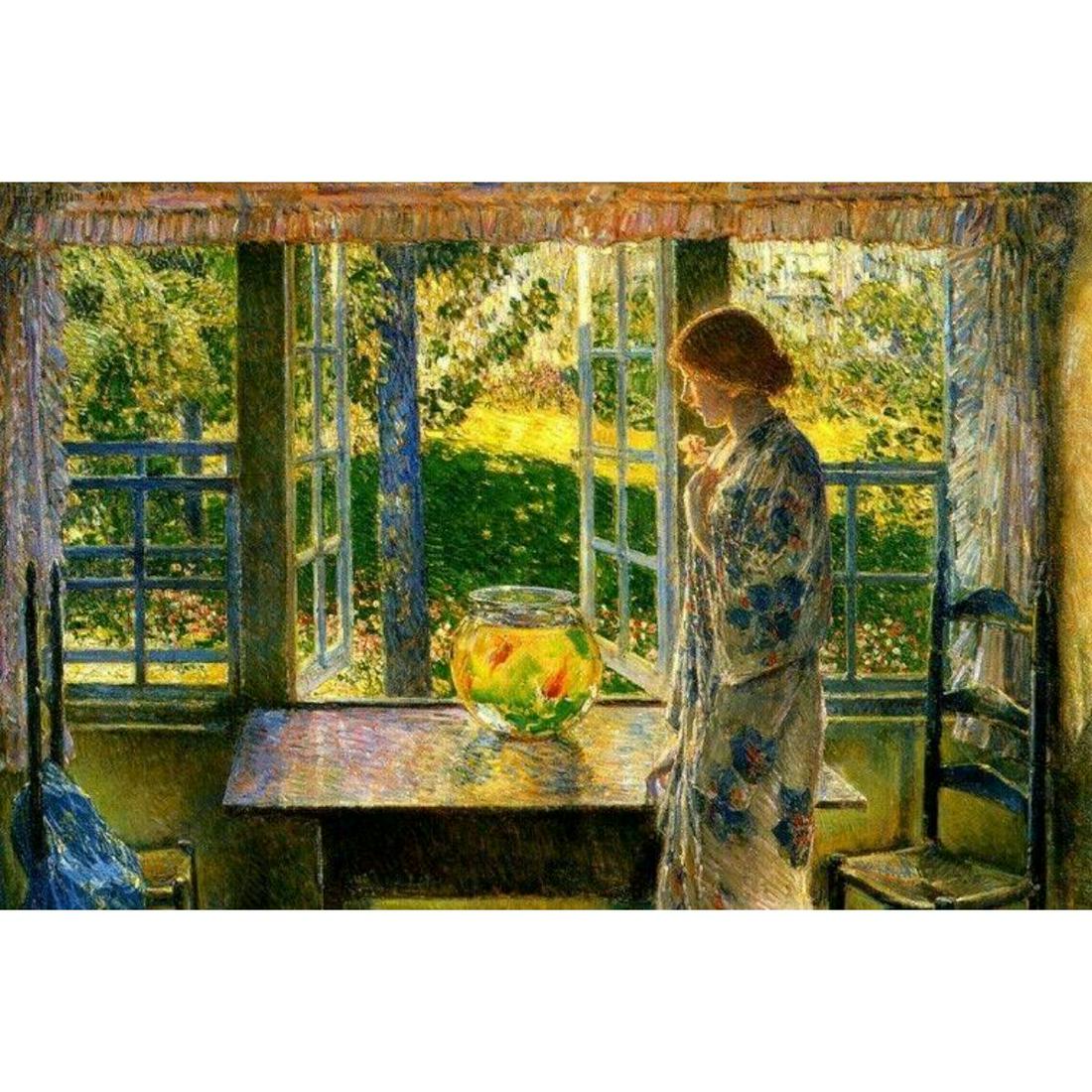 Childe Hassam, Goldfish Window Color Lithograph: Childe Hassam, Goldfish Window color lithograph, after the original Impressionist painting. 12" X 16".