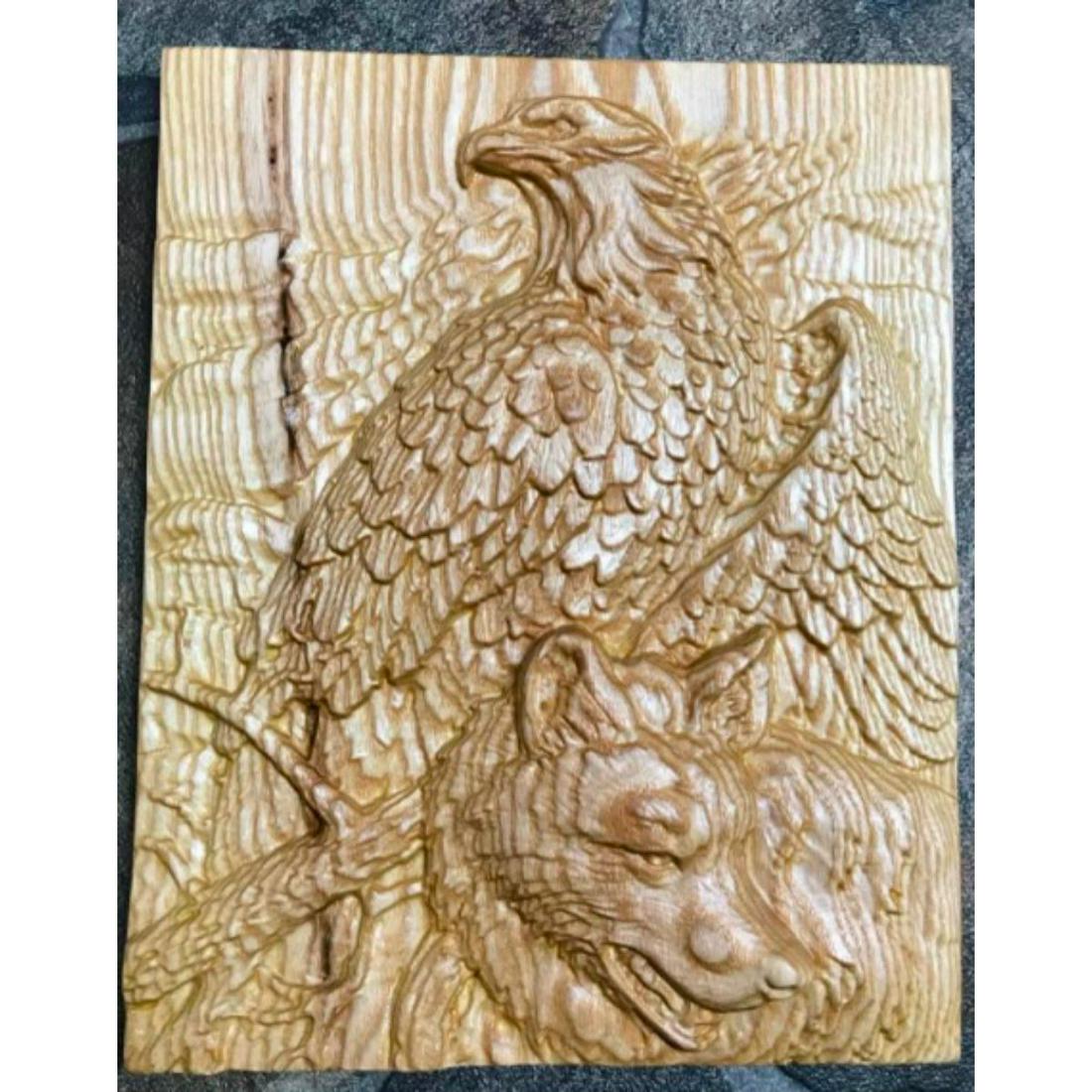Eagle Wolf Wood Carving, Plaque: Eagle & Wolf carving, plaque, made by Lithuanian artisan using Ash tree wood & Danish oil. 9" X 7" with hanging hook on reverse side.