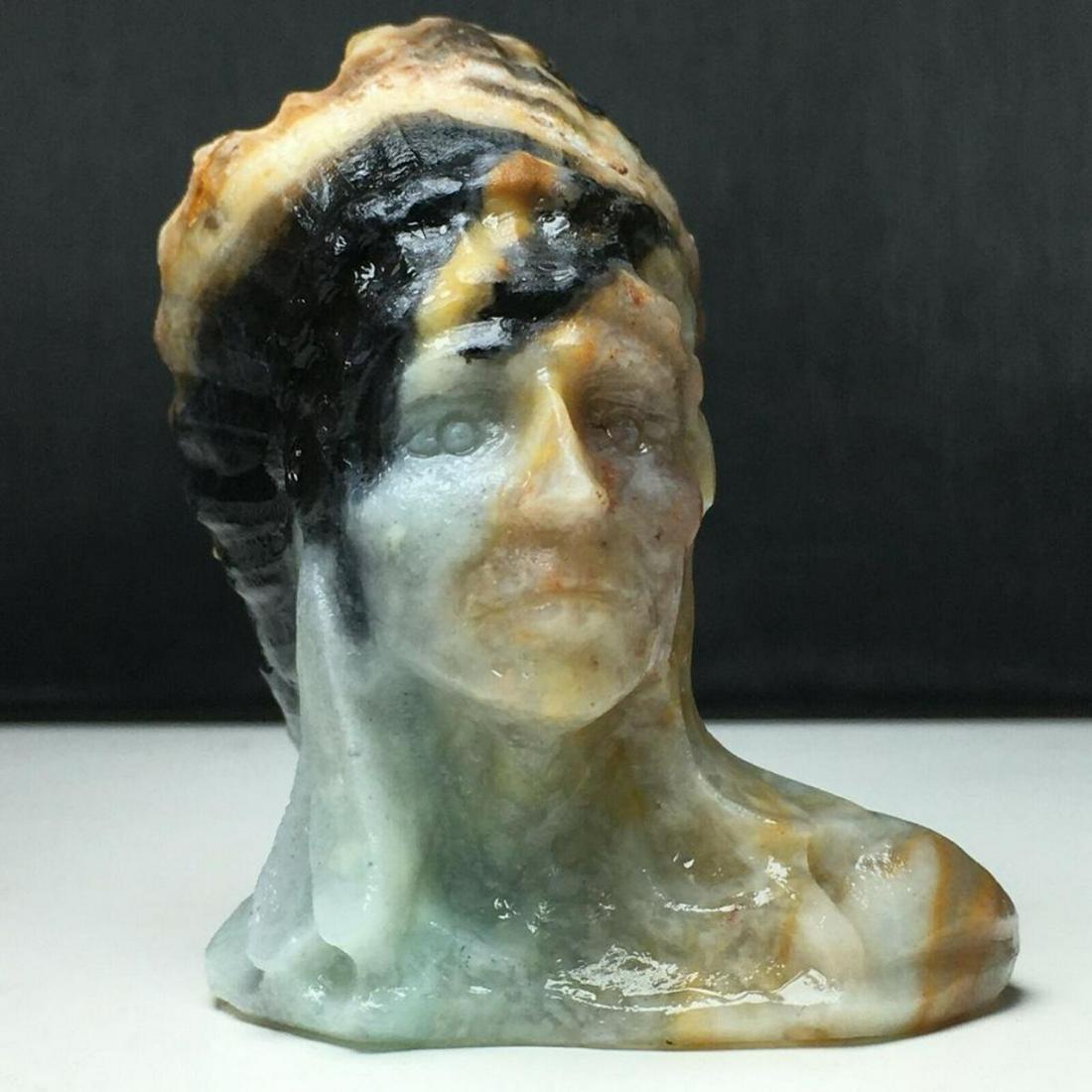 Carved Amazonite Native American Chieftain: Natural Amazonite Crystal, carved into a bust figure of a Native American Indian Chieftain. 108 grams. 48x49x60mm.