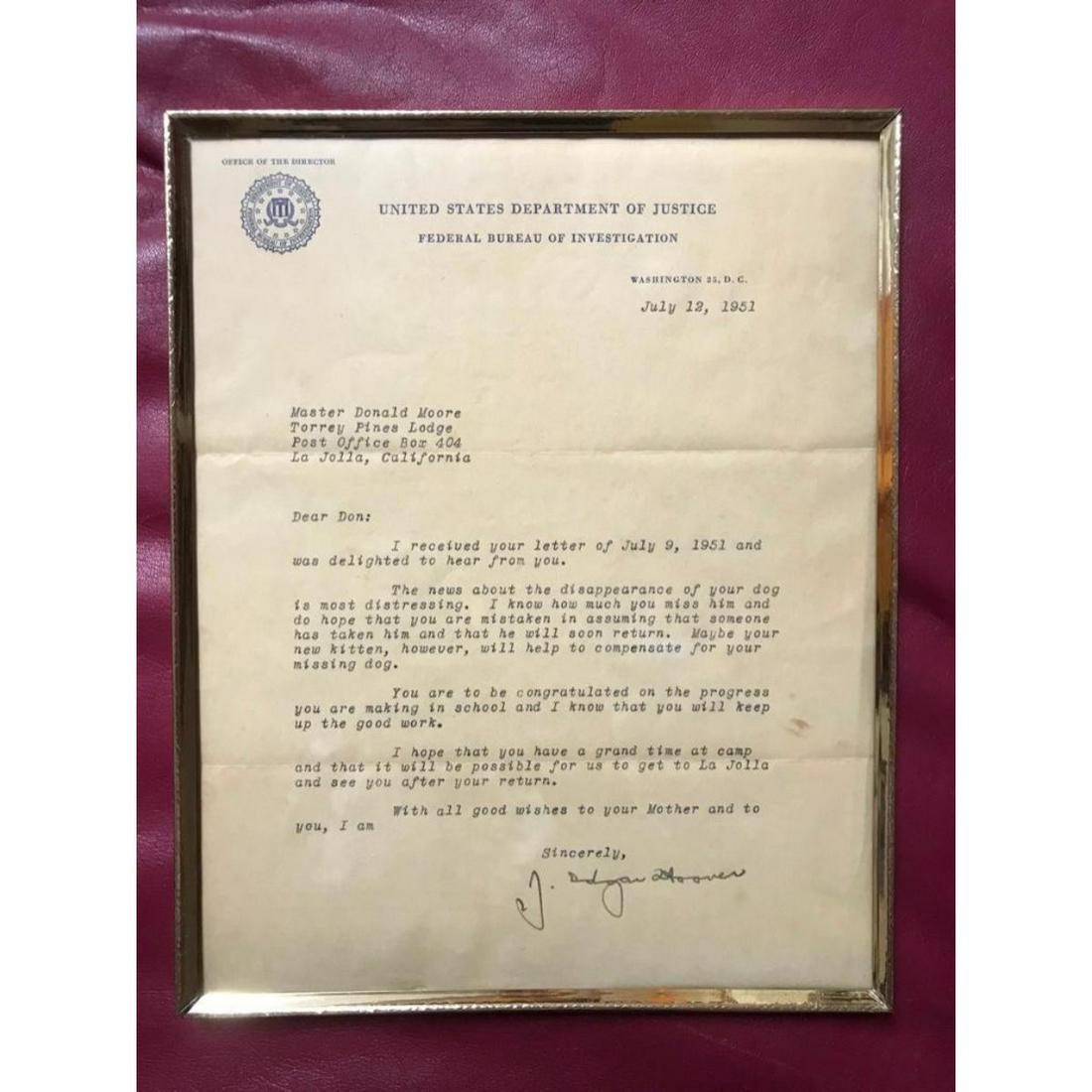 J Edgar Hoover Signature, FBI Stationary, Letter: Letter from J. Edgar Hoover, typed on FBI stationary & signed in pen, lower right. Dated July 12, 1951, letter to a child in La Jolla, CA concerning the disappearance of his dog & congratulations on m