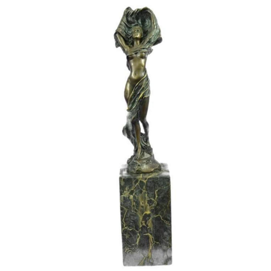 After Erte, Nude Bronze Statue, Wind Beneath Me: Art Nouveau-style statue of a nude girl, partially draped, after Erte's Wind Beneath Me. Lost wax casting method bronze, with brown & green patina, mounted on a tall marble block base. 14" H X 3" W. 7